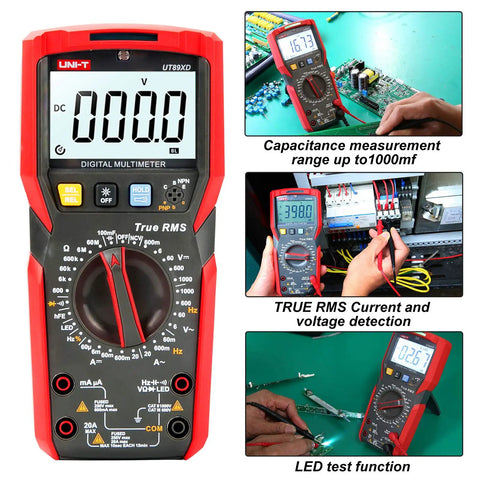 True RMS 6000 Count Digital Multimeter With 1000V AC DC 20A AC DC Range NCV Live Wire Detection LED Display shown with usage scenes