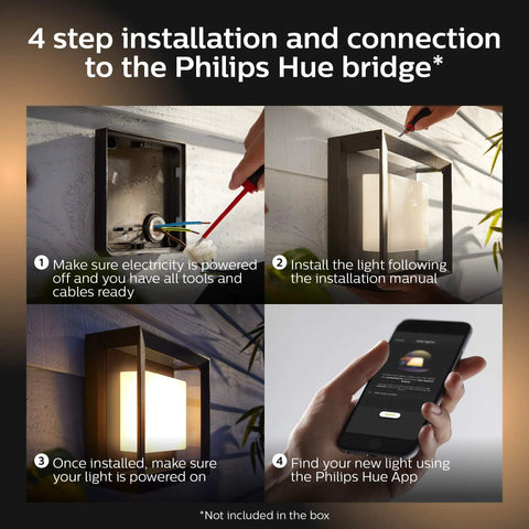 Four-step installation guide for Econic Square Outdoor Smart Wall Light Black With White And Color Ambiance LED Color Changing Light