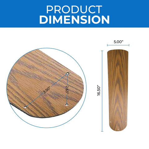 Five Pack Sixteen And One Half Inch Ceiling Fan Blades Replacement For Forty Two Inch Fans White Bleached Oak Indoor Outdoor Use Durable Premium Construction Easy Swap For Worn Or Broken Blades showing dimensions of 16.5x5 inches with pre-drilled holes