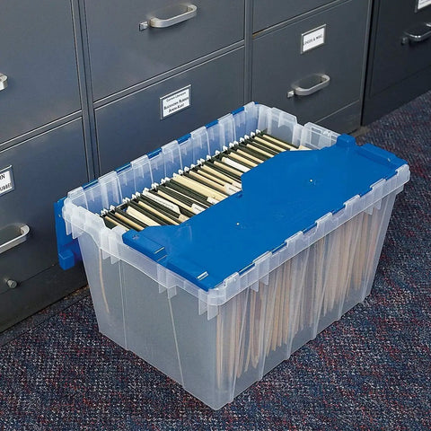 KeepBox 12 Gallon Storage Container With Attached Lid, Nesting And Stackable Plastic Bin With Rails For Letter Size Hanging Folders, Clear Blue, Durable Tote For Home Garage And Office Organization, 21x15x12