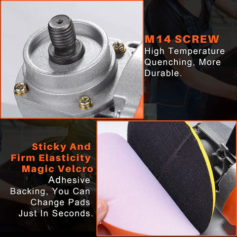 Close-up of Beast Mode 7 Speed Rotary Polisher M14 screw and Velcro for 6 and 7 inch plates, showing durability and pad change ease.