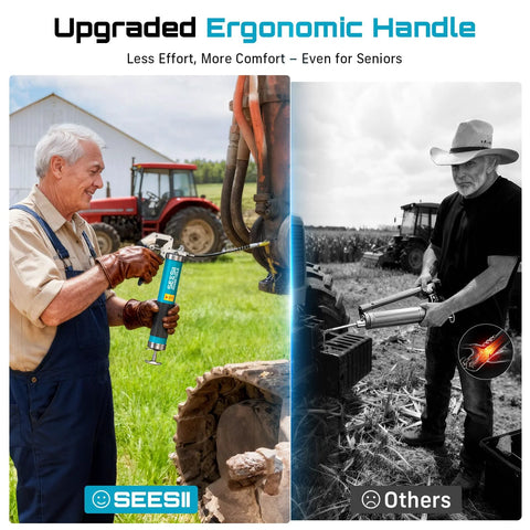 Seesii 8000 PSI grease gun kit, blue pistol grip, 14 oz capacity, front view used on tractor.