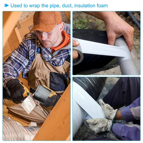Pipe Wrapping Tape 4.7 Inch by 49.2 Feet, PVC Duct Tape used for waterproof insulation on pipes and ducts, shown in various applications.
