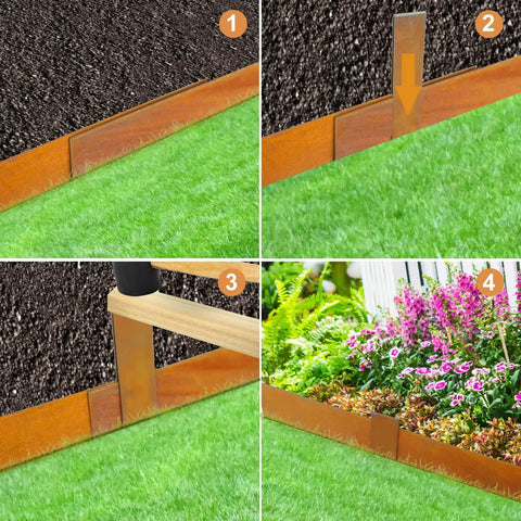 Beefy Pre Rusted Cor Ten Steel Landscape Edging For Four And A Half Inch Border With Hammer In Clamps And Eleven Clips Pack Of Ten Sections Total Thirty Three Feet For Lawn Garden Yard in use and installation steps display.