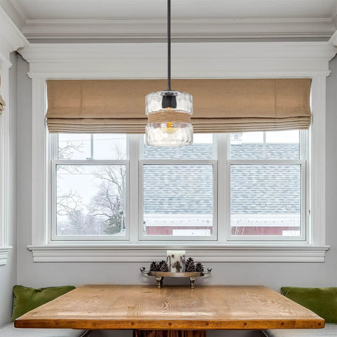 Sage 10 Inch Farmhouse Pendant Light With Hammered Glass And Natural Rope Accent Industrial Cylinder Shade In Textured Black Finish