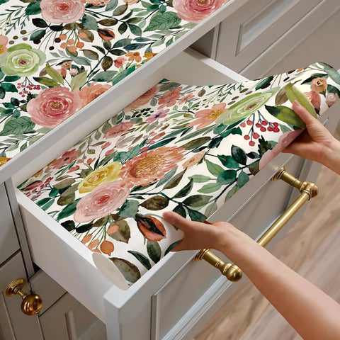 Floral Pattern Self Adhesive Vinyl Wallpaper For Dresser And Cabinets No Fuss Oil And Water Resistant Drawer Liner With Grid Backing Easy Peel And Reposition White Camellia 118.1 Inch By 17.3 Inch