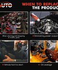 Diagram showing car issues like traffic jams, power output, hard starts, and oil leakage related to Ignition Control Module ICM ICU FSU Replacement For Ford F-Series Trucks Jeep Mercury Lincoln 1977 1987 LX203 Plug And Play Easy Install Durable Auto Electrical Part For Classic V8 Power And Reliable Starts.
