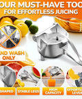 Hand Press Citrus Juicer For Lemons Limes Oranges Aluminum Alloy Ergonomic Handle Heavy Duty Manual Fruit Squeezer Easy Clean Portable Bar Tool with high capacity and stable legs.