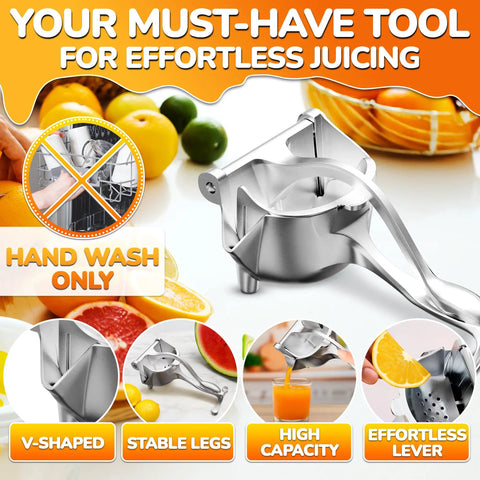Hand Press Citrus Juicer For Lemons Limes Oranges Aluminum Alloy Ergonomic Handle Heavy Duty Manual Fruit Squeezer Easy Clean Portable Bar Tool with high capacity and stable legs.