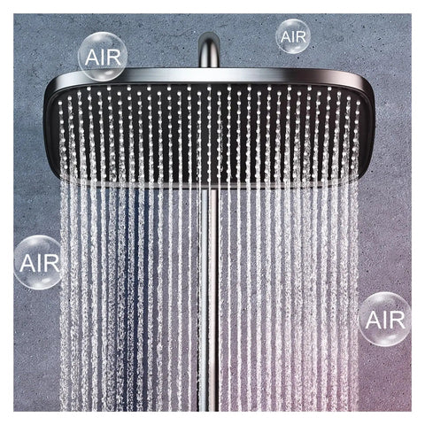 RIBEUJIZS Led Digital Bathroom Shower System Faucet with air-infused waterfall rain shower head, sleek design.