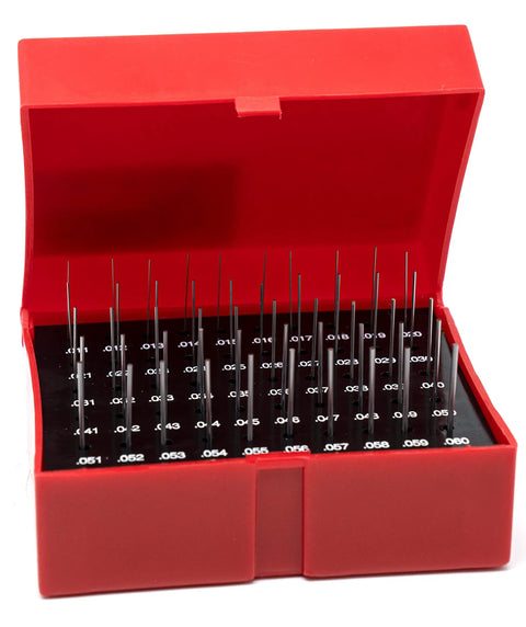 Steel Pin Gauge Set With Plastic Case 50 Pieces 0.011 To 0.060 Inch Range, 2 Inch Long, Hardened 60/62 RC, Tolerance Plus Minus 0.0002 Inch, Ideal For Hole Size And Spacing Checks In The Shop For Machinists, open red case