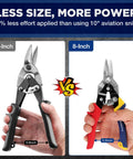 Comparison image of 10-inch aviation snips vs 8 inch aviation tin snips set three piece left right and straight cut metal cutter shears.