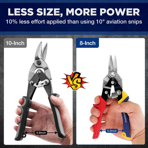 Comparison image of 10-inch aviation snips vs 8 inch aviation tin snips set three piece left right and straight cut metal cutter shears.