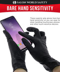 Person wearing Black Nitrile Disposable Gloves 5 Mil Thick Textured Latex Free Food Safe 3 Boxes of 100 Size Large Heavy Duty Grip using smartphone