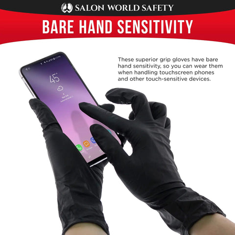 Person using smartphone with Black Nitrile Disposable Gloves 5 Mil Thick Large Textured Latex Free Food Safe
