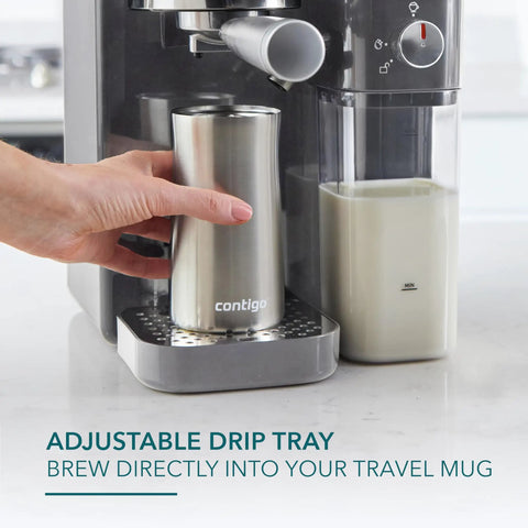 Top Shelf Hassle Free One Touch Espresso And Latte Brewer With Built In Frother brewing into a stainless steel travel mug.