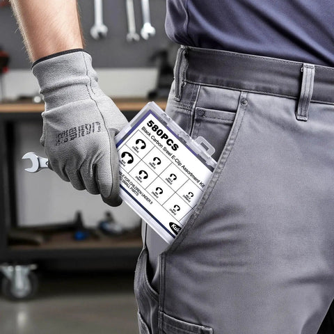 Worker with Massive 580 Piece External Retaining Ring Kit In Black Carbon Steel Ten Sizes M1.5 To M10 in pocket