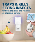 Heavy Duty Plug In Insect Trap For Indoors Badass Fruit Fly Gnat Moth Eraser With Uv Led Lighting on wall near fruit bowl.
