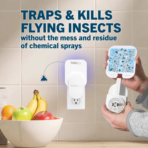 Heavy Duty Plug In Insect Trap For Indoors Badass Fruit Fly Gnat Moth Eraser With Uv Led Lighting on wall near fruit bowl.