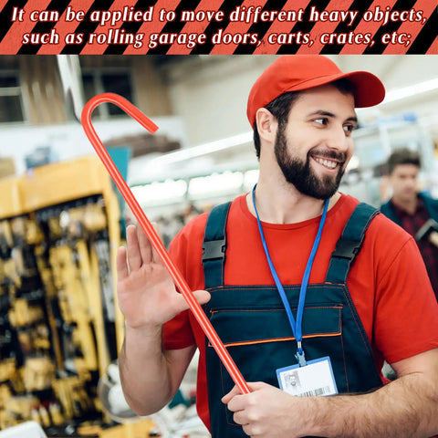 Man holding 31-inch orange fifth wheel puller with solid steel J hook in a store