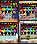 Totally Kid Friendly Fair Themed Bulletin Board Kit With 3D Balloons And Welcome Sign Chemistry Flask Cutouts displayed in classroom