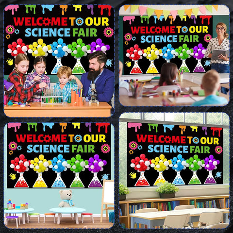 Totally Kid Friendly Fair Themed Bulletin Board Kit With 3D Balloons And Welcome Sign Chemistry Flask Cutouts displayed in classroom