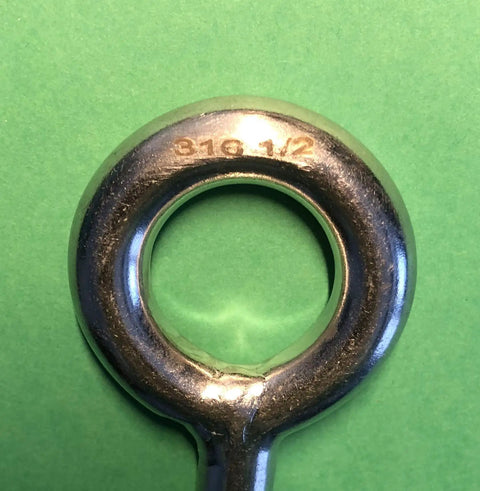 Close-up of Stainless Steel Eye Bolt One Half Inch By Twelve Inch Whitworth Short Thread Marine Grade AISI 316 With Washers.