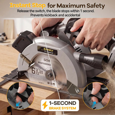 Six And A Half Inch Cordless Circular Saw Delivers Badass Cutting Force with safety brake system and efficient cut precision.