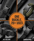 Heavy Duty One Inch Side Release Buckles With Screw Pin For Webbing Straps Two Pack showcased on backpacks, paracords, pet collars.
