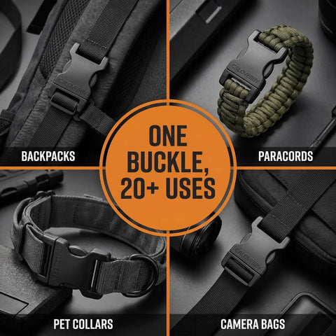 Heavy Duty One Inch Side Release Buckles With Screw Pin For Webbing Straps Two Pack showcased on backpacks, paracords, pet collars.