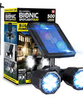 Solar Motion Sensor Outdoor Lights With Adjustable Heads And Ultra Bright LEDs For Yard Patio And Garden Waterproof Landscape Lighting No Batteries Needed, shown with packaging and LED lights on