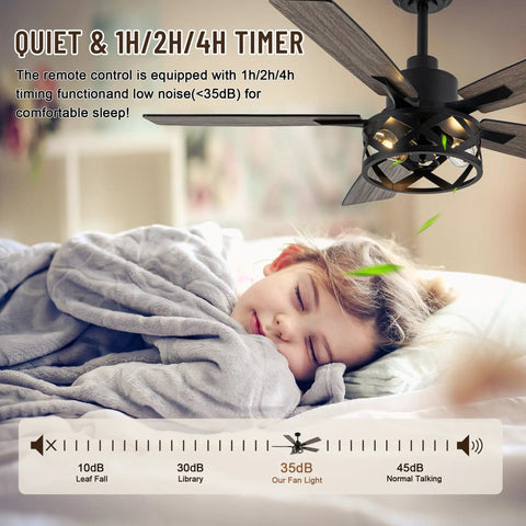 Child sleeping under 52 Inch Farmhouse Ceiling Fan With Lights And Remote, Caged Rustic Light Fixture, Reversible DC Motor