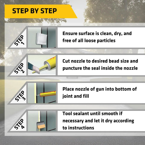 4-step instructions for applying 12 Tubes Of 10.1 Oz White Heavy Duty One Component Polyurethane Sealant for weatherproof sealing.