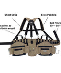 Pro Tool Belt With Comfort Rig Tan and Black, Heavy Duty Polyester, double-stitched seams, chest strap, extra padding