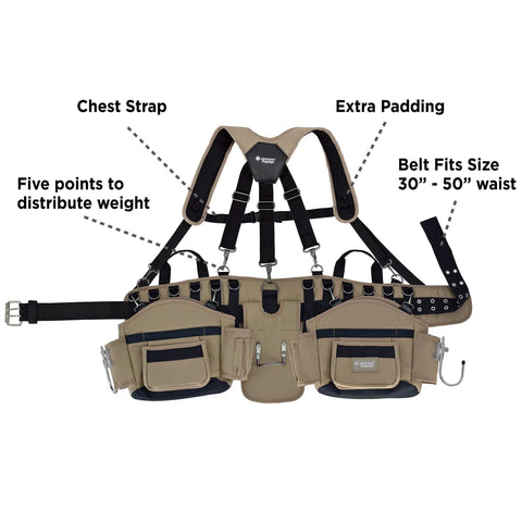 Pro Tool Belt With Comfort Rig Tan and Black, Heavy Duty Polyester, double-stitched seams, chest strap, extra padding