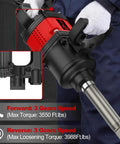 One Inch Air Impact Wrench Built Tough As Nails For Heavy Duty Repair Shops Packing 3550 Ft Lbs Of Hammering Power And 5000 Rpm Free Speed With Slick Action And Complete Socket Set, showing gear settings and handle.