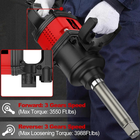 One Inch Air Impact Wrench Built Tough As Nails For Heavy Duty Repair Shops Packing 3550 Ft Lbs Of Hammering Power And 5000 Rpm Free Speed With Slick Action And Complete Socket Set, showing gear settings and handle.