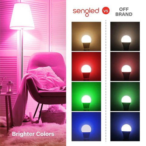 Comparison of Alexa Compatible Color Changing Smart Bulbs 10 Pack with Off Brand, showing brighter colors and lighting scenes.