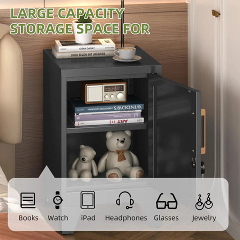 Tough As Nails Cold Rolled Steel Locker Nightstand With Secure Key Lock And Heavy Duty Build For Bedroom Dorm Room Storage Or Home Office Organization Table, black steel cabinet with books and decor on top.
