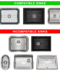 Image showing compatible and incompatible sinks for the Badass Heavy Duty 304 Stainless Steel Sink Protector Grid.