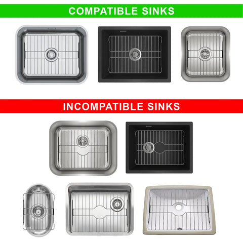Image showing compatible and incompatible sinks for the Badass Heavy Duty 304 Stainless Steel Sink Protector Grid.