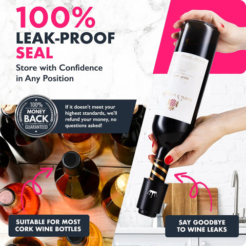 Vacuum Wine Stopper Set pack of 2 used to seal wine bottle in any position, leak-proof seal shown.