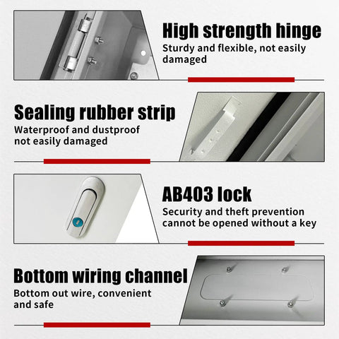 Rock Solid 16X16X6 Inch Electrical Junction Box With Safety Locks Wall Mounted Indoor Outdoor Steel Enclosure showing high strength hinge and sealing strip.