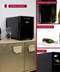 Six Bottle Wine Fridge With UV Protective Glass Door And Soft Interior Lighting on sideboard, demonstrating compact design