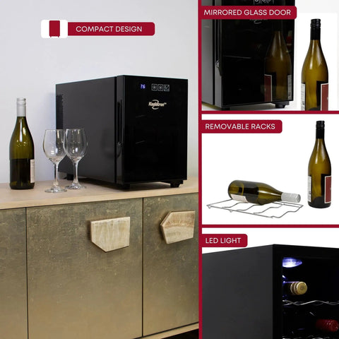 Six Bottle Wine Fridge With UV Protective Glass Door And Soft Interior Lighting on sideboard, demonstrating compact design
