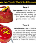 Comparison of Type I and Type II red safety gas cans, highlighting design differences and functionality.