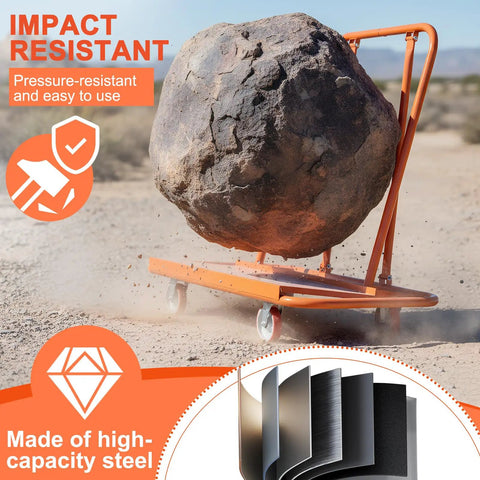 Heavy Duty Glass Flatbed Handcart With Detachable Plasterboard Panels carrying large rock in desert terrain