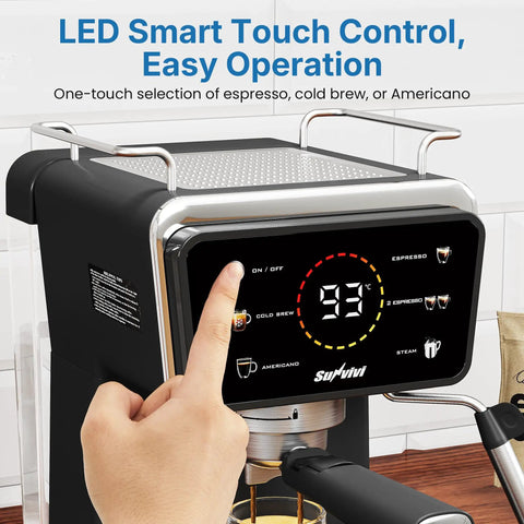 Real Deal Espresso And Americano Machine With Snappy Touchscreen Controls showing LED touchscreen for easy operation.
