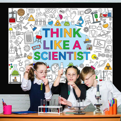 Children exploring science with the Big Science Coloring Poster For Kids Giant Chemistry Lab Theme Coloring Sheet 31.5 By 43.3 Inches