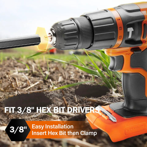 Image of a 3/8" hex drive drill fitted with an auger from the Auger Drill Bits For Planting Set Of 4 Spiral Garden Bulb Planter Tools For Hex Drive Drills Deep Soil Digging And Post Hole Digger Quick Bulb Planting For Bulbs And Bedding Plants, showing easy installation in loose soil.